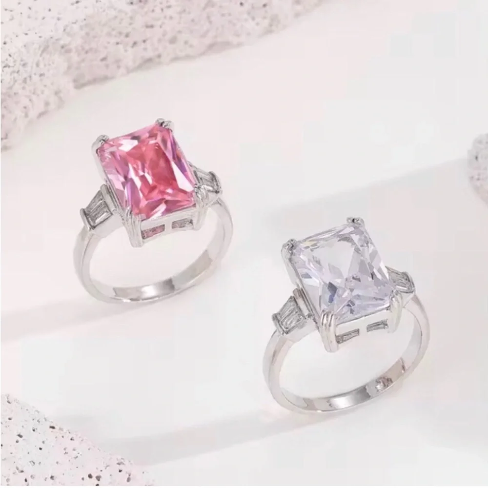 New Silver Square Cut Pink Statement Amethyst Ring